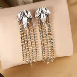 IIK COLLECTION Silver Gold-Plated Crystal Studded Contemporary Drop Earrings-image-99