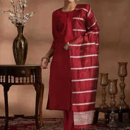 Libas Round Neck Pleated Straight Kurta with Trousers & Dupatta image 1