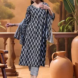 Sangria Women Floral Printed Pure Cotton A-Line Kurta with Trouser & Dupatta-1