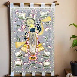 Tushaco Handicrafts Grey & Yellow Shrinathji Pichwai Canvas Wall Art-image-39