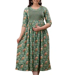 ANUOM Women Floral Printed Round Neck Maternity Maxi Dress-46