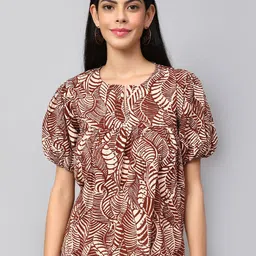 Amagyaa Women Tropical Printed Puff Sleeve Embroidered Cotton Top-image-71