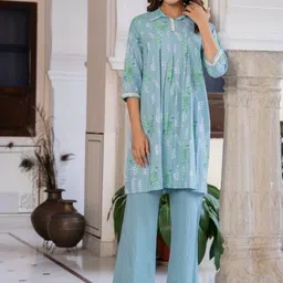MYAZA Floral Printed Shirt Collar Panelled Pure Cotton A-Line Kurti With Trousers-10