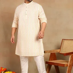 Sztori Plus Size Geometric Printed Band Collar Thread Work Straight Kurtas-48