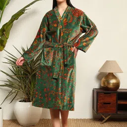 HANDICRAFT PALACE Floral Printed Velvet Bath Robe With Belt-image-74