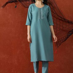 QSH Women Striped Regular Straight Kurta with Trousers & Dupatta-42
