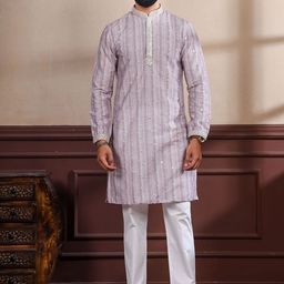 Koshin Striped Mandarin Collar Mirror Work Straight Kurta With Pyjama-image-89
