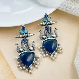 NAMAN ARTS Silver-Plated Artificial Stones Studded & Beaded Peacock Shaped Drop Earrings-picture-44