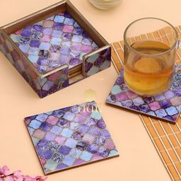 DULI 6-Pcs Purple & Beige Printed WoodenCoasters-image-93