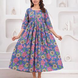 mad fury Women Floral Printed Maternity Fit and Flare Cotton Midi Dress-image-52