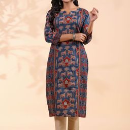KALINI Ethnic Motifs Printed Notch Neck Sequinned Cotton Straight Kurta-picture-7