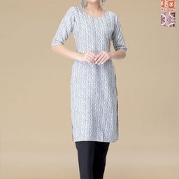 HERE&NOW Selection Of 3 Geomteric Printed Round Neck Straight Kurtas-image-72