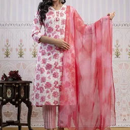 RANGREAL Floral Printed V Neck Pure Cotton Kurta With Trousers & Dupatta-image-62