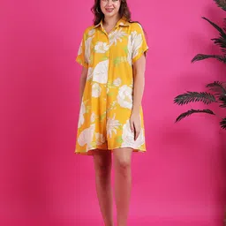 Qurvii Women Floral Print Shirt Collar Shirt Dress-image-25