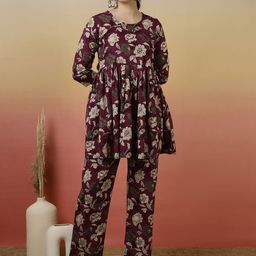 GLAM ROOTS Printed Round Neck Pure Cotton Tunic With Trouser-image-68