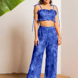 EROTISSCH Blue Tie and Dye Shoulder Straps Relaxed-Fit Top With Trouser-image-74