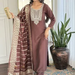 SRILICA Floral Yoke Design Thread Work Straight Kurta With Trousers & Dupatta-picture-6