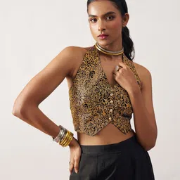 ALIZEH Printed V Neck Waistcoat With Skirt Co-Ords-picture-53