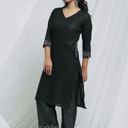 Anouk Black Floral Embroidered Kantha Work Pure Cotton Straight Kurta With Trouser-image-99