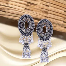 Anouk Rhodium-Plated Circular Shaped Oxidised Drop Earrings-24