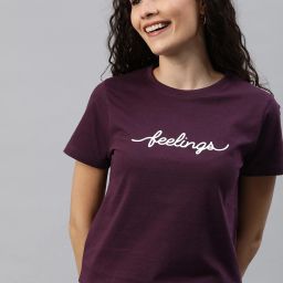 Women Printed Round Neck Pure Cotton Purple T-Shirt-image-19
