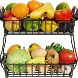 2 Tier Fruit Basket Bowl for Kitchen Detachable Metal Storage with Wooden Handle Steel Fruit & Vegetable Basket-26