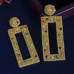 StyleCast Gold-Plated Rhinestone Studded Rectangle Drop Earrings-image-68
