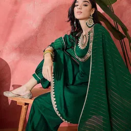Sangria Zari Sequence Thread-Embroidered Straight Kurta & Trouser With Dupatta image 4