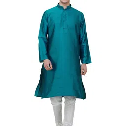 Exotic India Men Regular Thread Work Woven Design Mandairan Coller Kurta with Pyjamas-picture-0