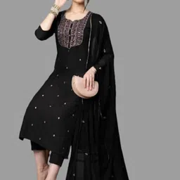 TOULIN Floral Embroidered Thread Work Straight Kurta with Trousers & Dupatta-image-44