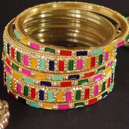 ZULKA Set Of 6 Zircon Diamonds Studded & Beaded GlassBangles-image-77