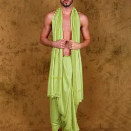 Exotic India Men Dhoti and Angavastram Set With Woven Design Border-image-64
