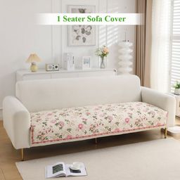 HOKIPO Beige & Pink Floral Printed Quilted 1 Seater Sofa Cover Seat Mat-image-36