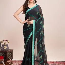 ODETTE Black And Teal Georgette Embroidered Saree With Unstitched Blouse For Women-picture-27
