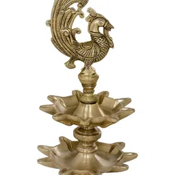 Exotic India Gold-Toned Textured Brass Double Layer Wicks Peacock Pooja Diya-image-23