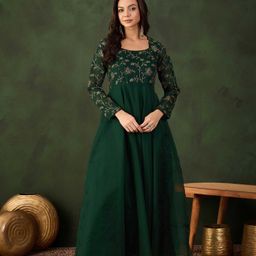 Sangria Women Floral Zari Embroidered Maxi Ethnic Dress-image-14