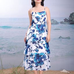 PURVAJA Printaura Women Blue Floral Print Fit and Flare Layered Midi Dress-image-66