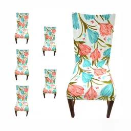 FAVRIA 6-Pcs Beige & Green Printed Stretchable Dining Chair Covers-47
