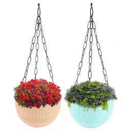 Kuber Industries Beige & Green 2 Pieces Textured Round Marble Euro Hanging Planters-image-70