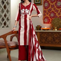 Pannkh Women Animal Embroidered Cotton Kurta with Palazzo & Dupatta-image-89