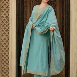 SANISA Women Regular Thread Work Kurta with Trousers & With Dupatta image 2