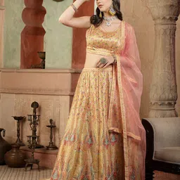 Stylum Mustard & Pink Printed Mirror Work Ready to Wear Lehenga & Blouse With Dupatta-image-74