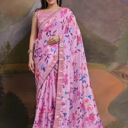 Anouk Rustic Floral Printed Embellished Sequinned Border Pure Chiffon Saree-15