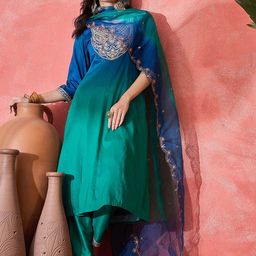 Sangria Women Ethnic Motifs Embroidered Anarkali Kurta With Trousers & Dupatta-image-10