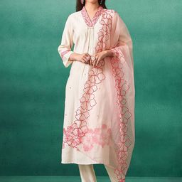 Indo Era Floral Embroidered Thread Work Straight Kurta With Trousers & Dupatta-21