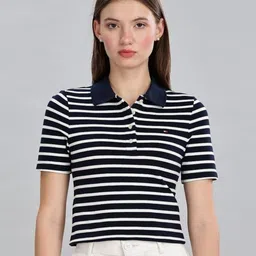 Tommy Hilfiger Women Striped Polo Collar Organic Cotton Slim Fit T-shirt-image-89