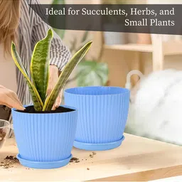 Kuber Industries Blue & Green 6 Textured Textured Planters With Trays image 3
