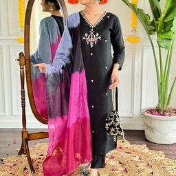 KALINI Floral Embroidered V-Neck Straight Kurta With Trouser & Dupatta-image-49
