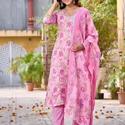 Anouk Ethnic Motifs Printed Pure Cotton Kurta with Trousers & Dupatta image 3
