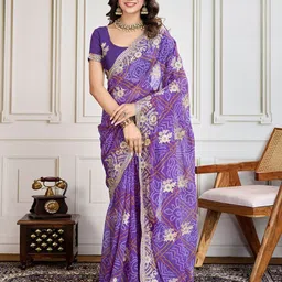 House of Pataudi Svarra Bandhani Printed With Embroidered Saree With Unstitched Blouse-picture-58